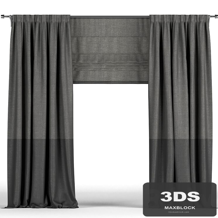 Black curtains in two shades + black Roman blinds.