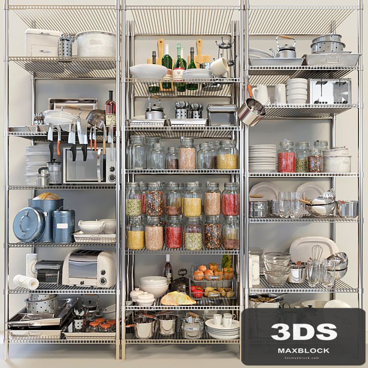Rack for pantry with spices and kitchen utensils. Crockery and service