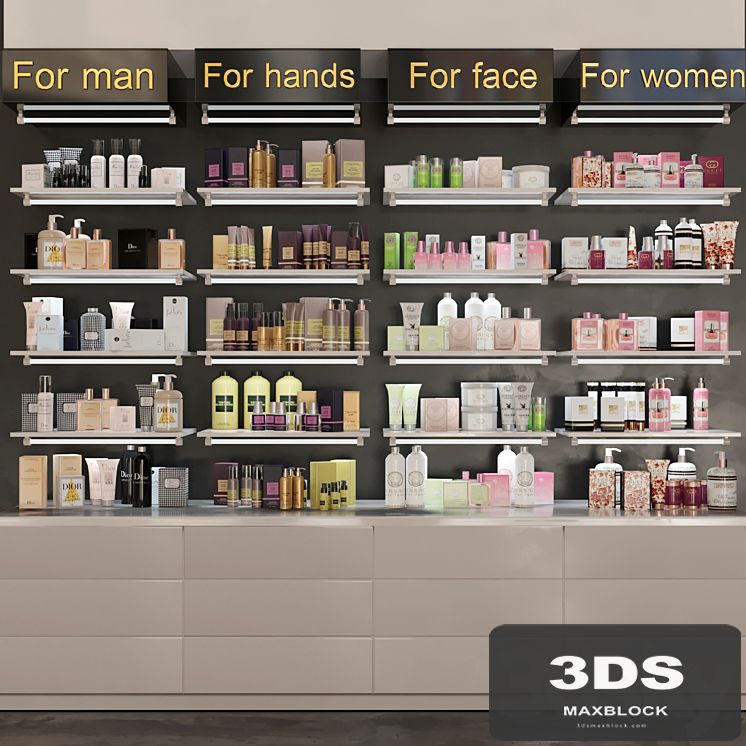 Showcase in pharmacies cosmetics for care. Beauty saloon