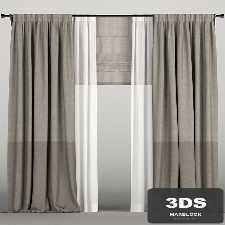 Brown curtains in two shades with roman blinds and tulle.