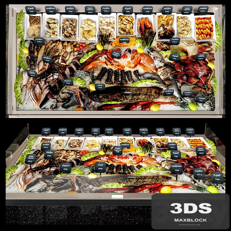 Showcase with seafood