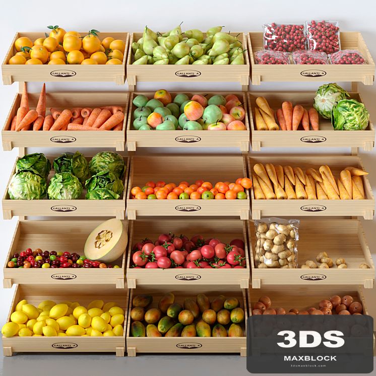 Showcase with fruits and vegetables at the market in boxes. Citrus fruits, apples