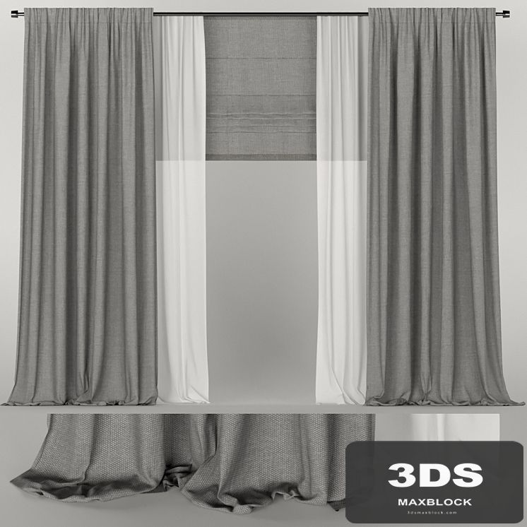 Gray curtains with tulle and roman blinds.