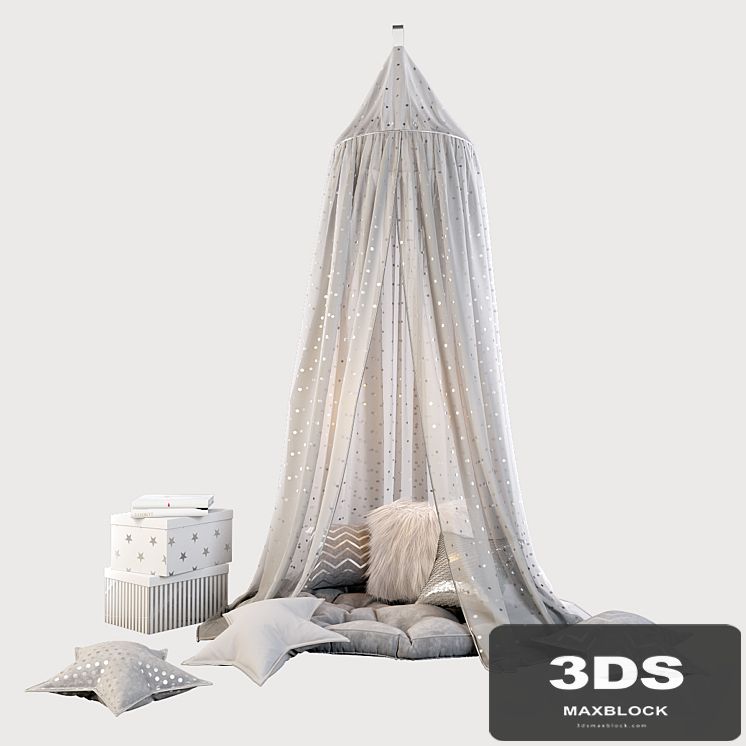 Children's canopy and decor in shades of gray