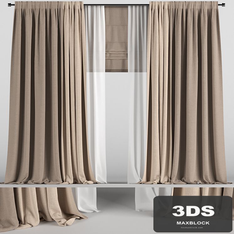 Brown curtains in two colors with tulle and roman blinds.