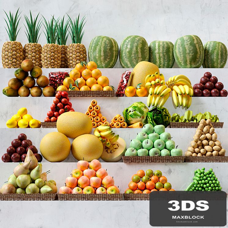 Set of fruits, vegetables in the market 3. Fruits, vegetables
