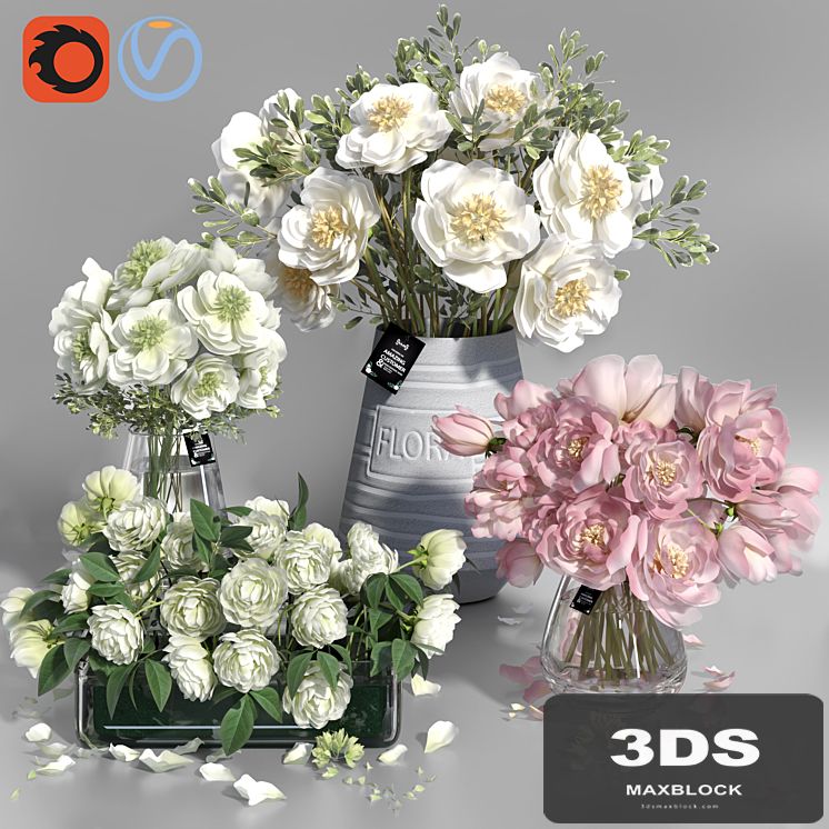 White and Pink tone Peonies cement concrete glass Vases