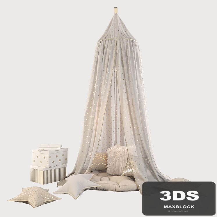 Children's canopy and decor in beige and golden tones