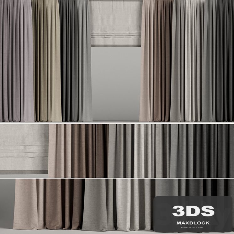 A set of curtains in different colors with a roman curtain.