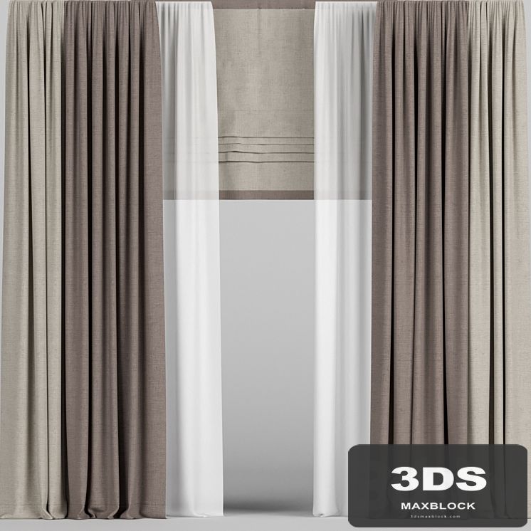 Curtains in two colors with tulle and roman blinds.