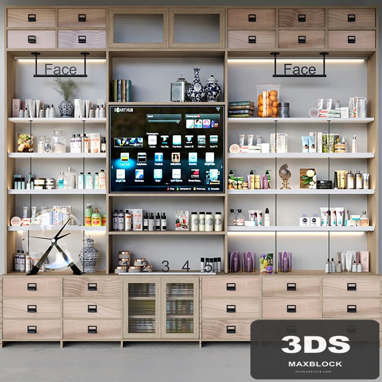 Closet with cosmetics for personal care in a beauty salon