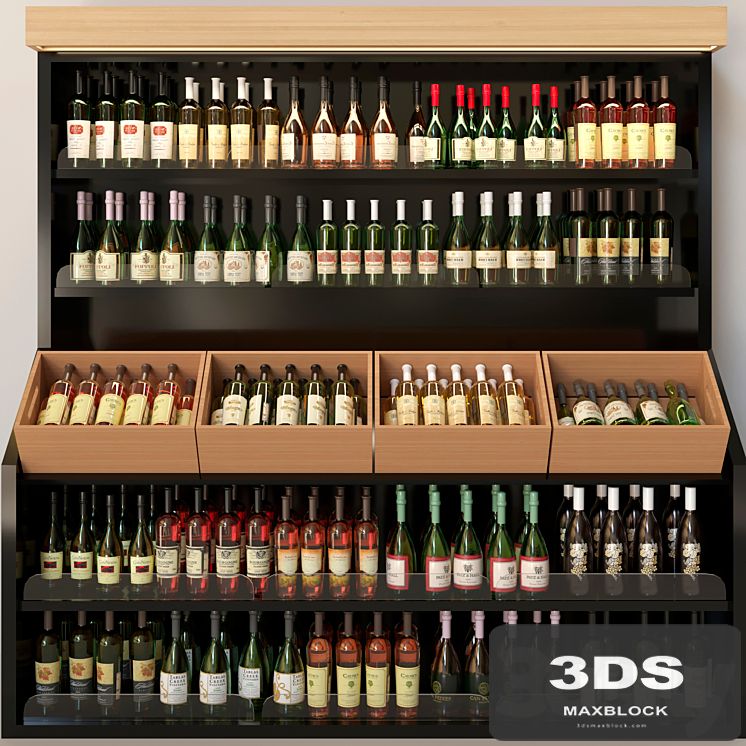 Wine cabinet with collectible wine in the supermarket. Wine and alcohol