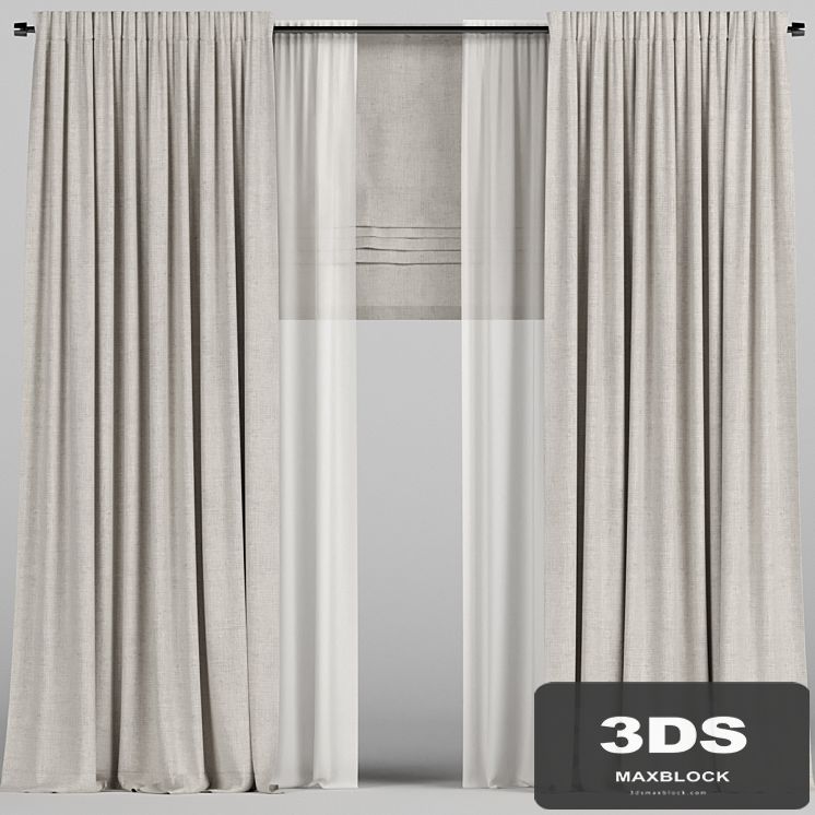 Beige curtains with tulle and roman blinds.