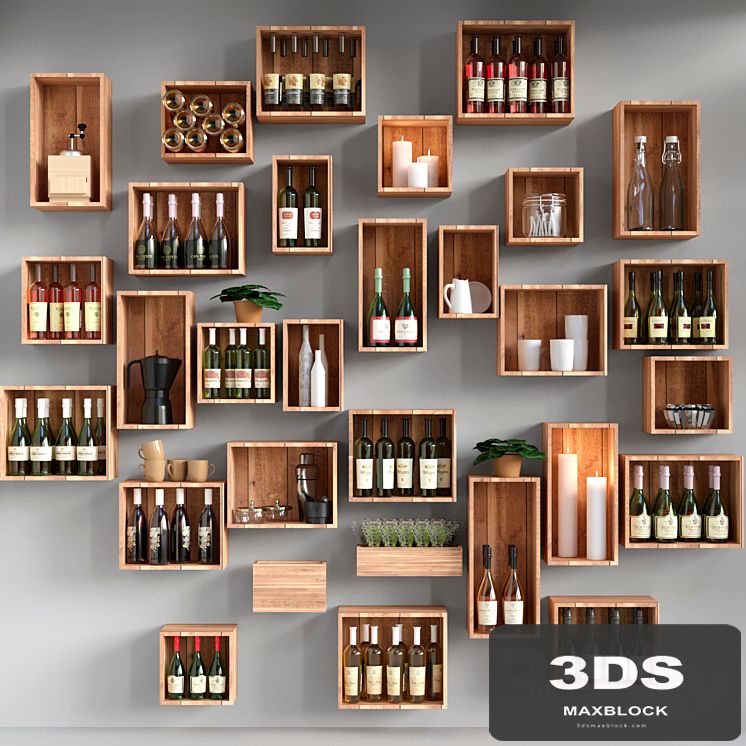 Shelves with collectible wine and candles. Alcohol