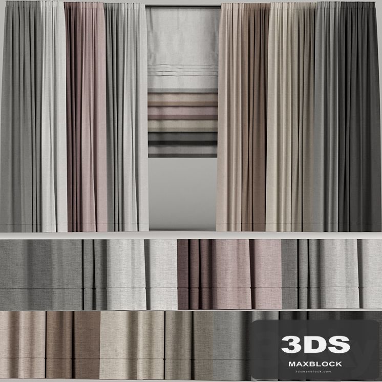 A set of curtains in different colors with a roman curtain.