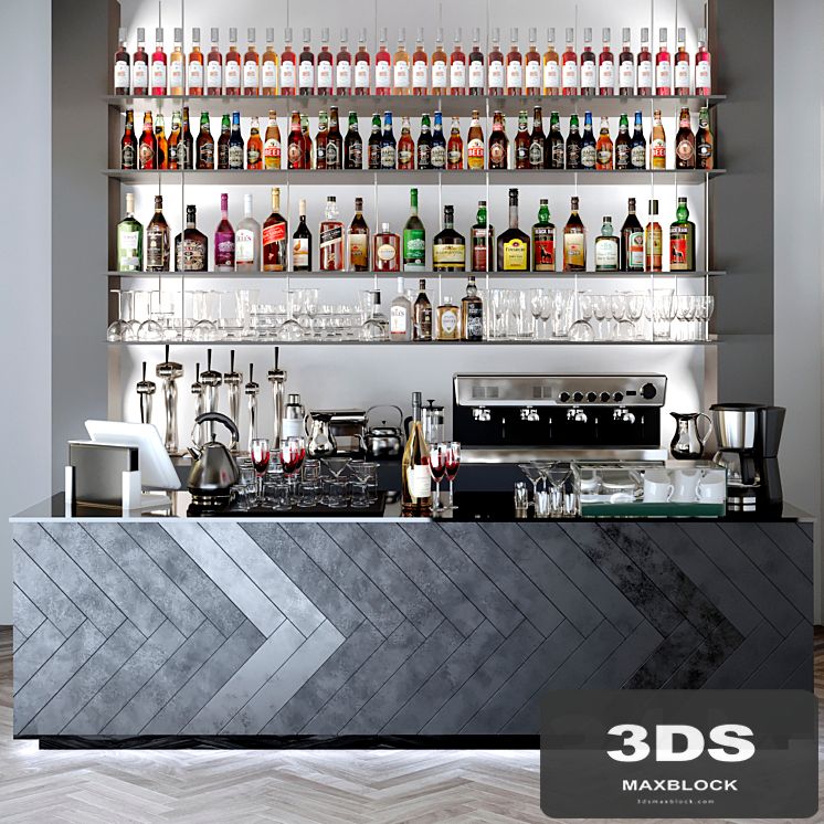 Bar counter with a collection of alcohol. Alcohol, bar