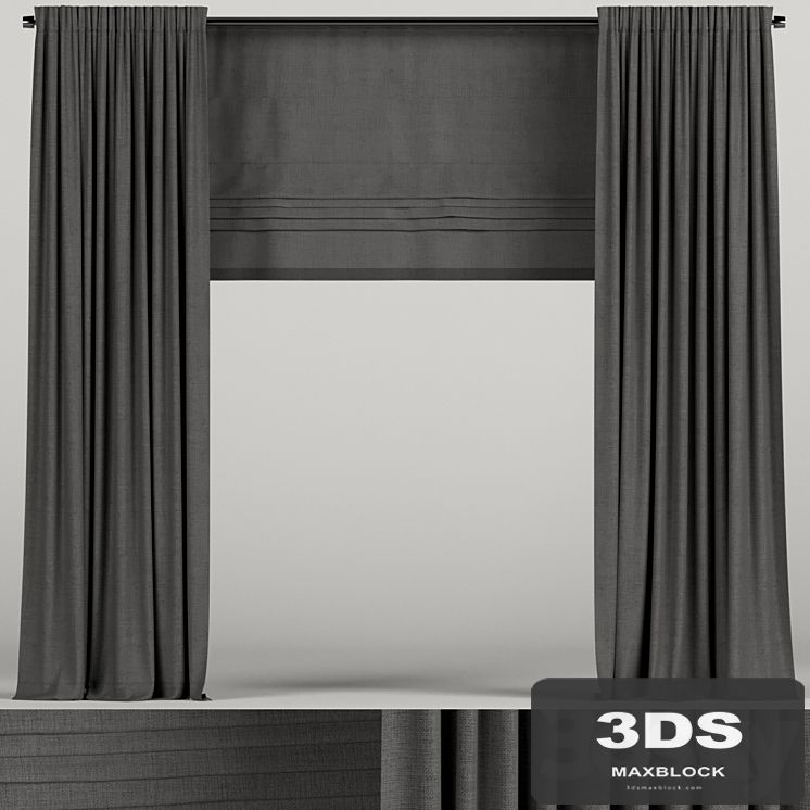 Dark curtains with roman blinds.