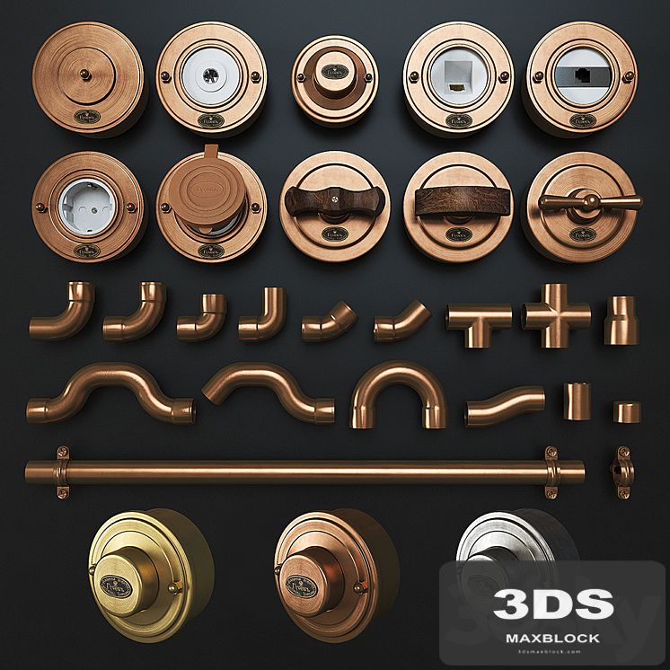 Designer wiring in metal pipes + retro sockets and switches