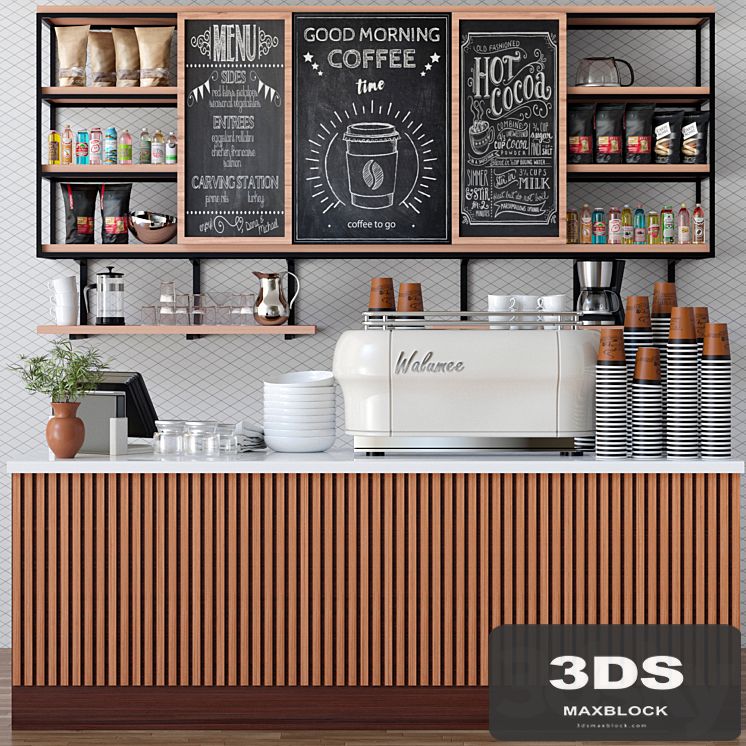 Design project of a cafe in ethnic style with a coffee machine and accessories on the shelves