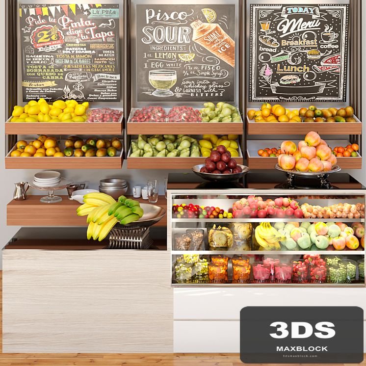 A small showcase in a supermarket with a large selection of fruits and vegetables. Food