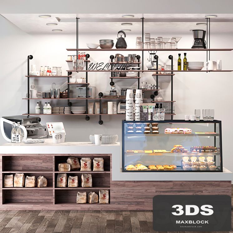 Cafe in loft style with a showcase with desserts and sweets 3. Coffee point