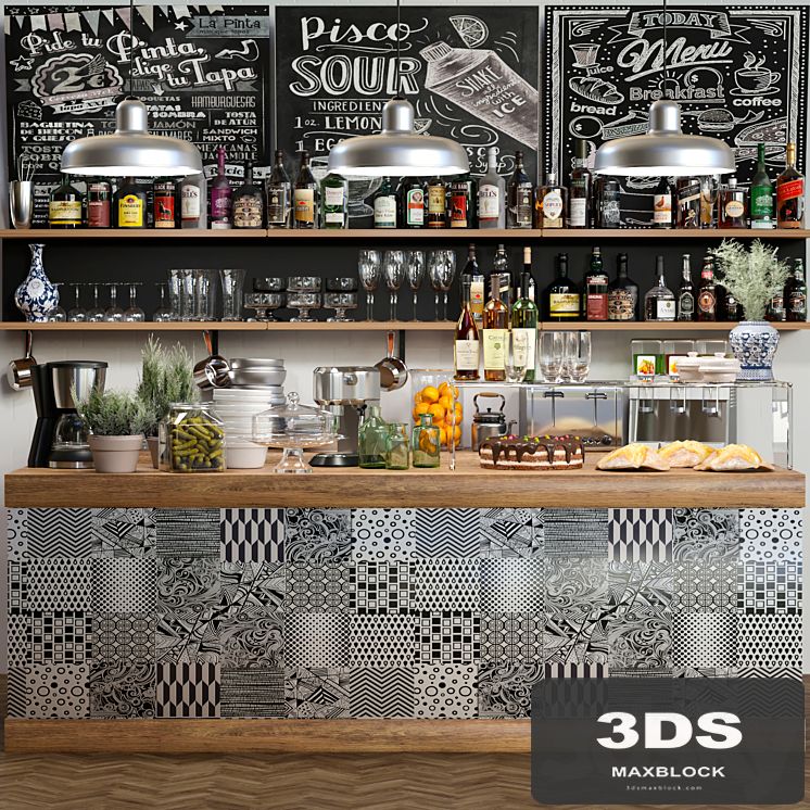Bar counter with alcohol, service and desserts 10