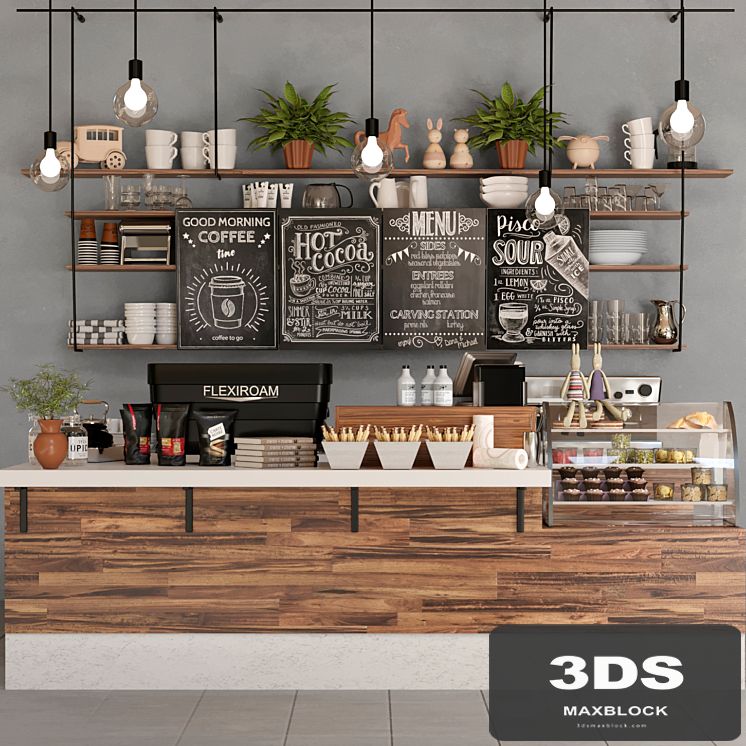 Design project of a coffee point with desserts, sweets and a coffee machine. coffee house