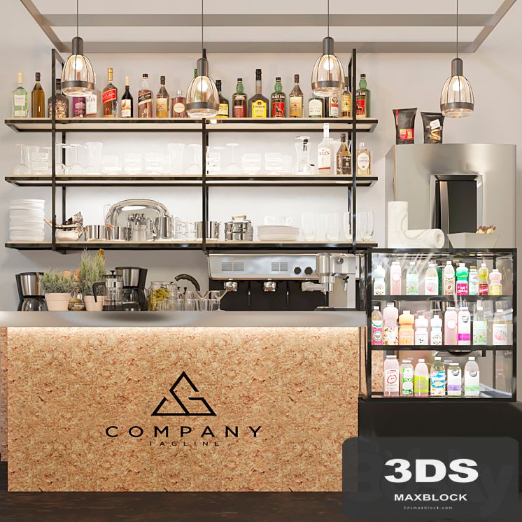 Minimalistic design of a pub with strong alcohol and a coffee machine. Cocktail