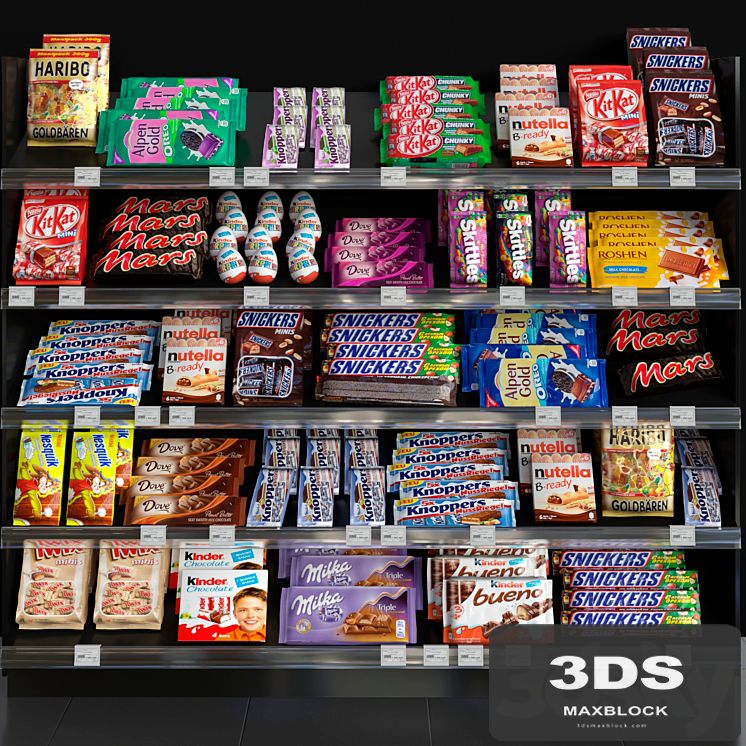 Showcase in a supermarket with sweets, chocolate and other sweets