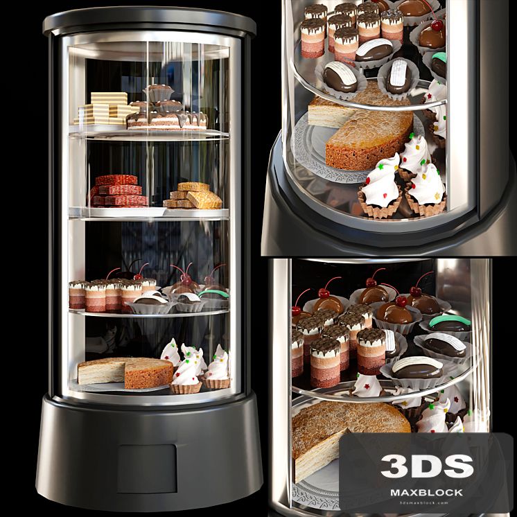 Refrigerator with desserts and sweets for shops or cafes. Confectionery