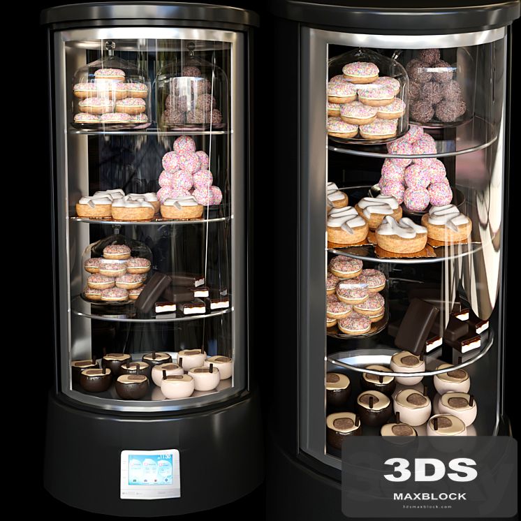 Refrigerator in a cafe with desserts and various sweets 2. Confectionery shop
