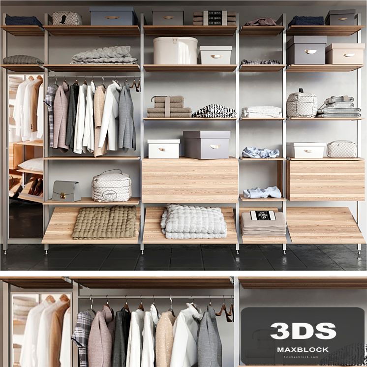 Dressing room with clothes, shoes, and other clothes. clothing
