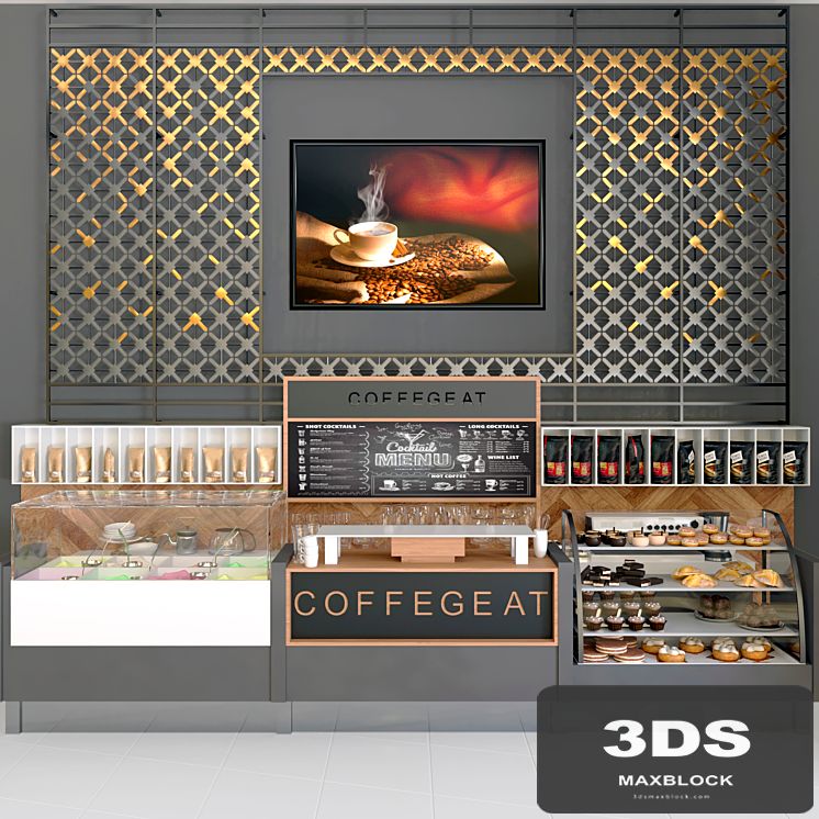 Design project of a cafe with a panel and a refrigerator with desserts and sweets. coffee house