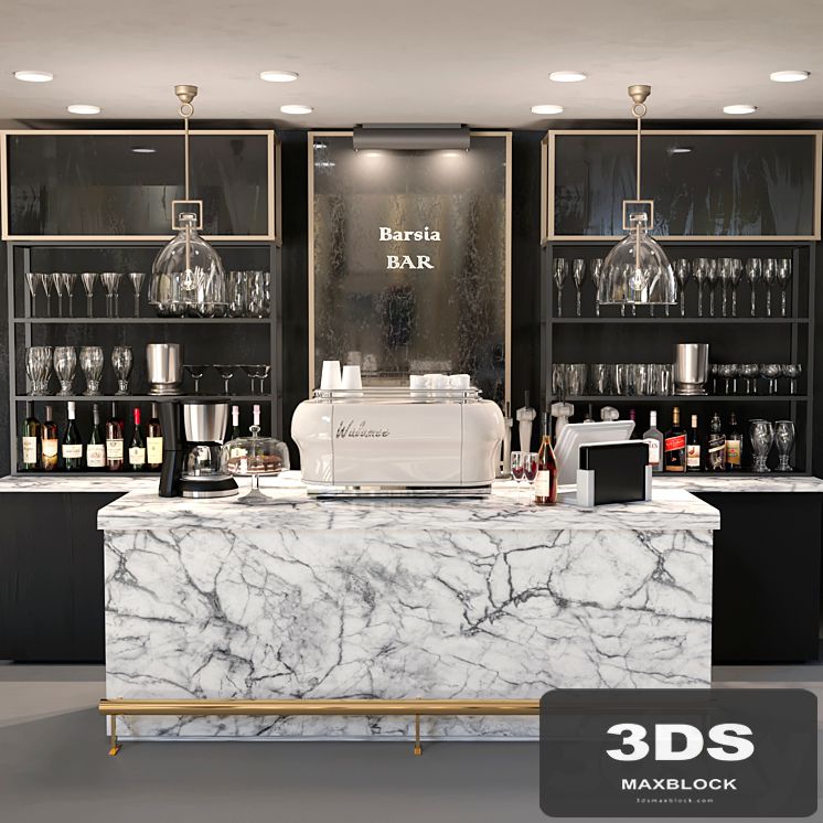 Design project of a bar with a marble bar and wine. Alcohol