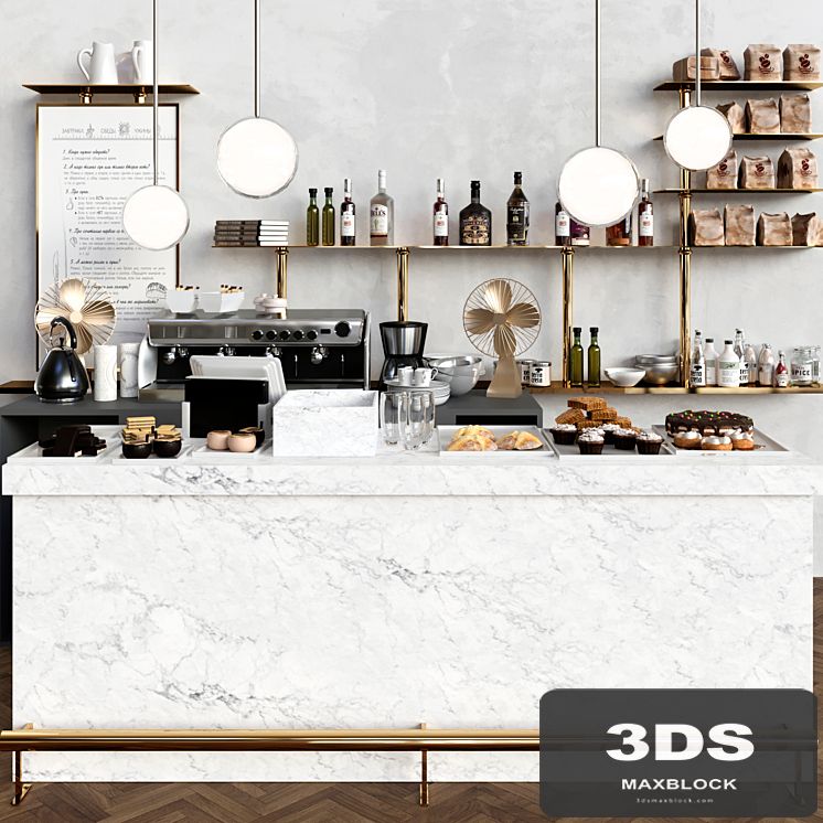 A modern cafe with a marble counter and desserts. Coffee house, cake