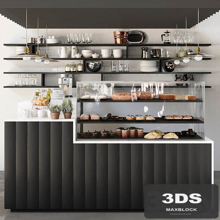 Design project of a coffee point with a refrigerator with desserts. Cafe