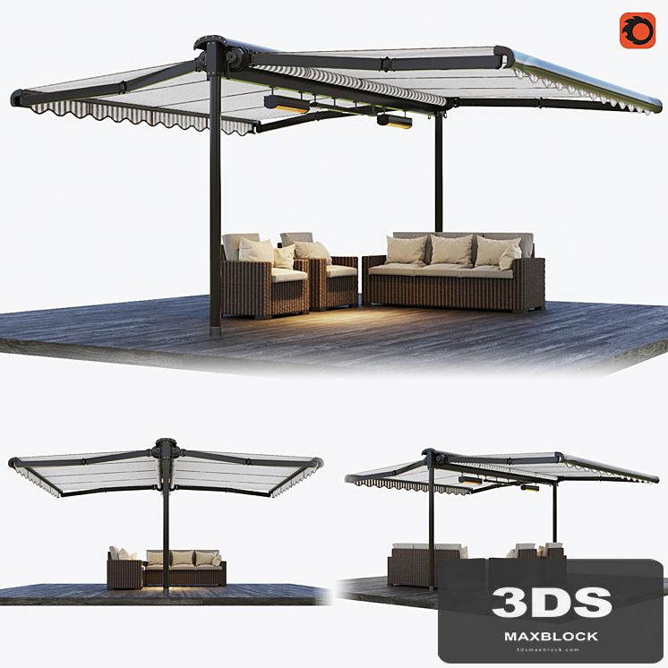 Double-sided cassette tent with rattan garden furniture