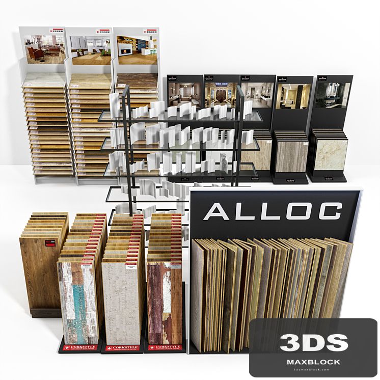 Exhibition stands with samples of laminate, porcelain tile, stucco molding