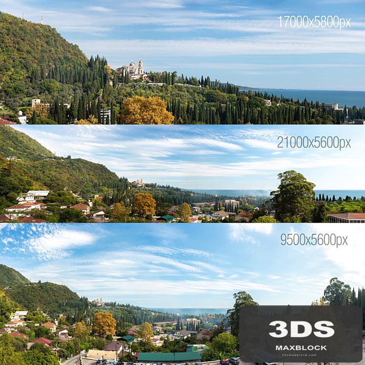 3 Panoramas. Black Sea, Abkhazia. New Athos