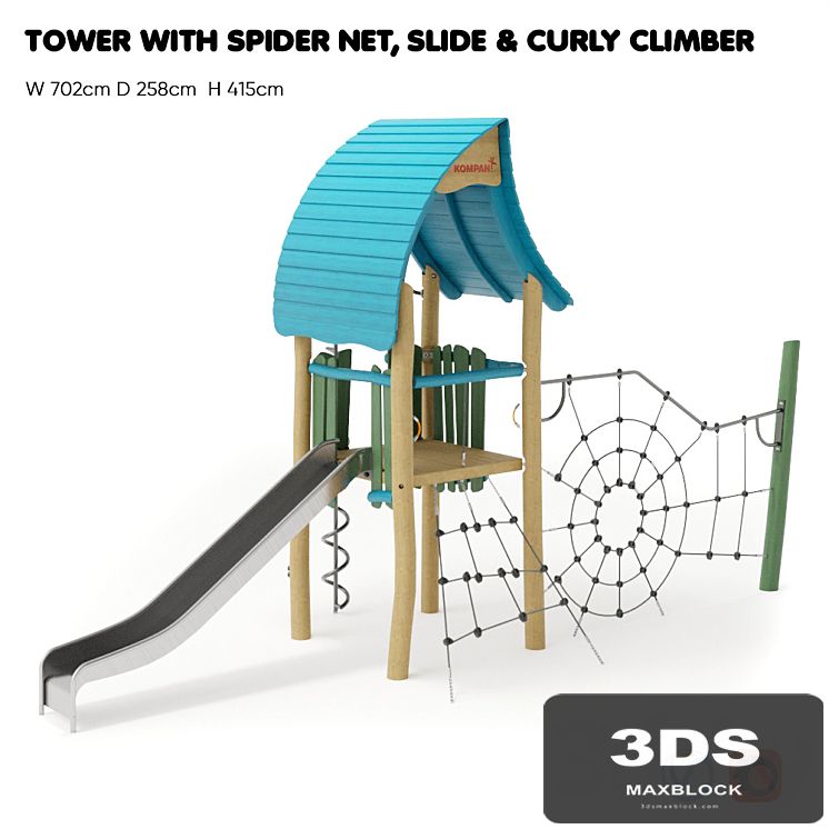 KOMPAN. “TOWER WITH SPIDER NET, SLIDE & CURLY CLIMBER"
