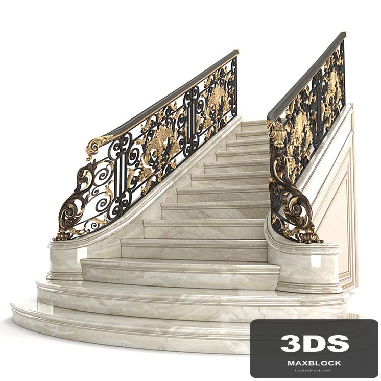 Classic marble staircase with wrought iron railing