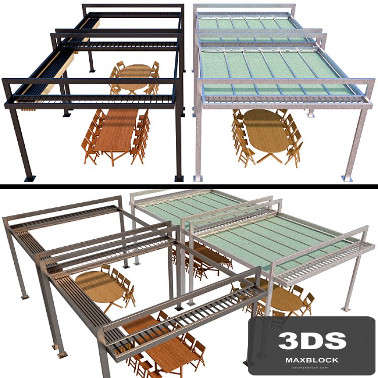Metal pergola with sliding curtains