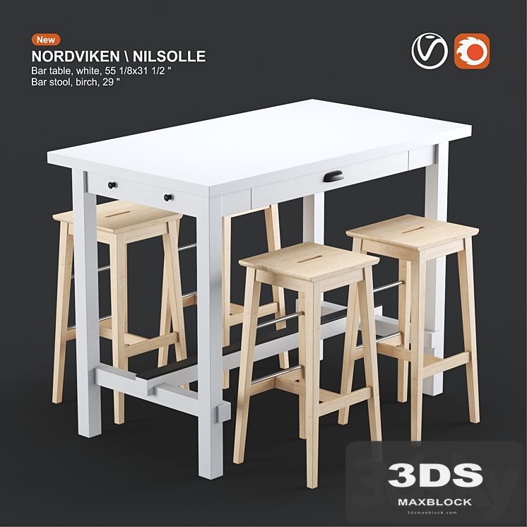 Ikea NORDVIKEN bar table and NILSOLLE bar stool, white and birch