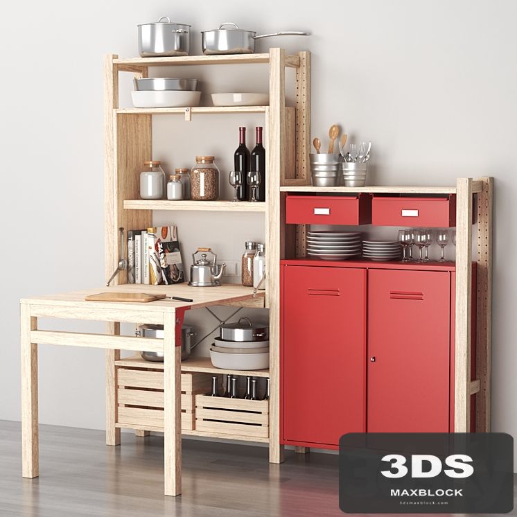 Ikea IVAR Shelving with table / cabinets / drawers and kitchen decor set