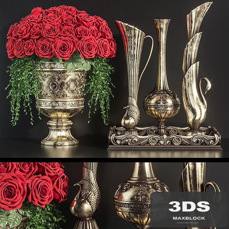 Decoration Set 23 Red Roses in antique vases.
