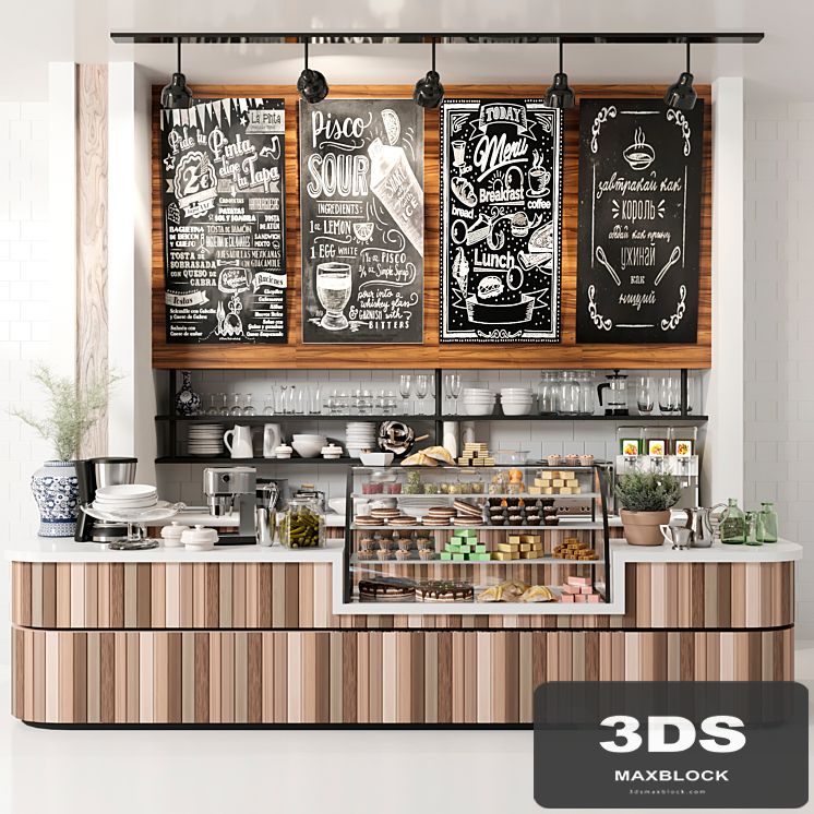Design project of coffee point with desserts and sweets. Cafe