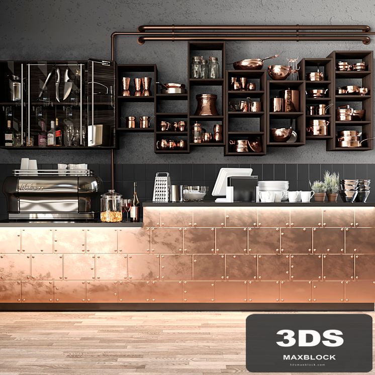 The bar counter in the restaurant with a copper decor and a coffee machine. Tableware