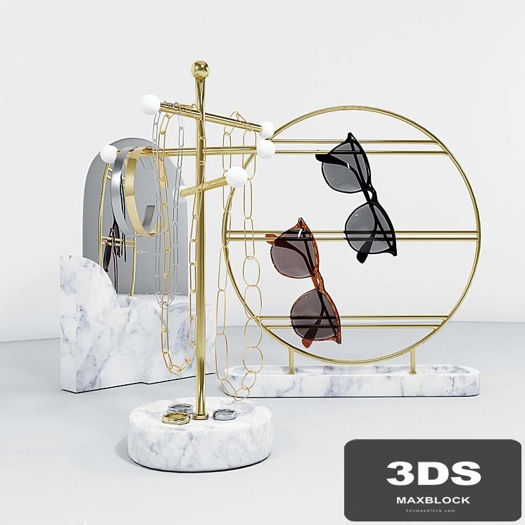 A set of stands for jewelry and glasses with a mirror.
