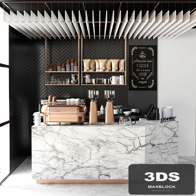 Cafe design 5. Coffee, coffee maker, coffee machine, coffee point, coffee grinder, dishes, marble, panels