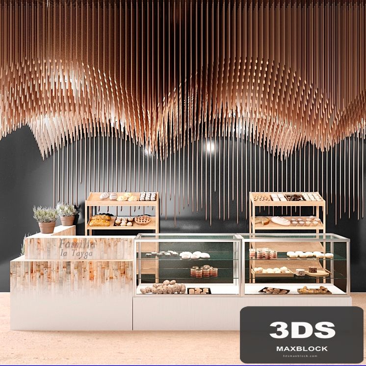 Design project of a restaurant with elements of copper decor and a showcase with desserts and sweets